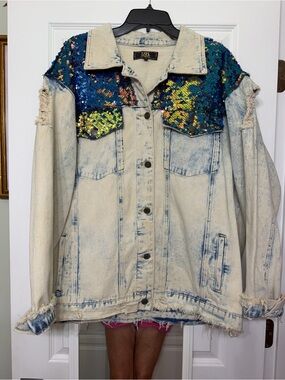 L&B Light Wash Denim Jacket with Blue & Green Sequin Yoke